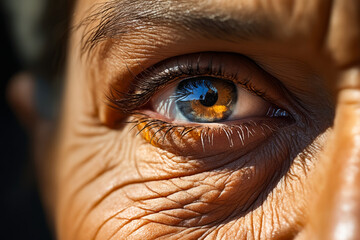 Close up of eye with blue iris and yellow iris.