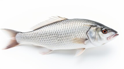 Fototapeta premium Rohu fish with a red tail fin swimming in White background, generative ai