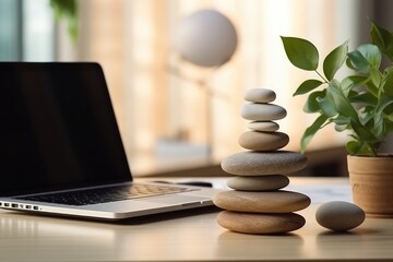 Zen Stones With Laptop On Office Desk