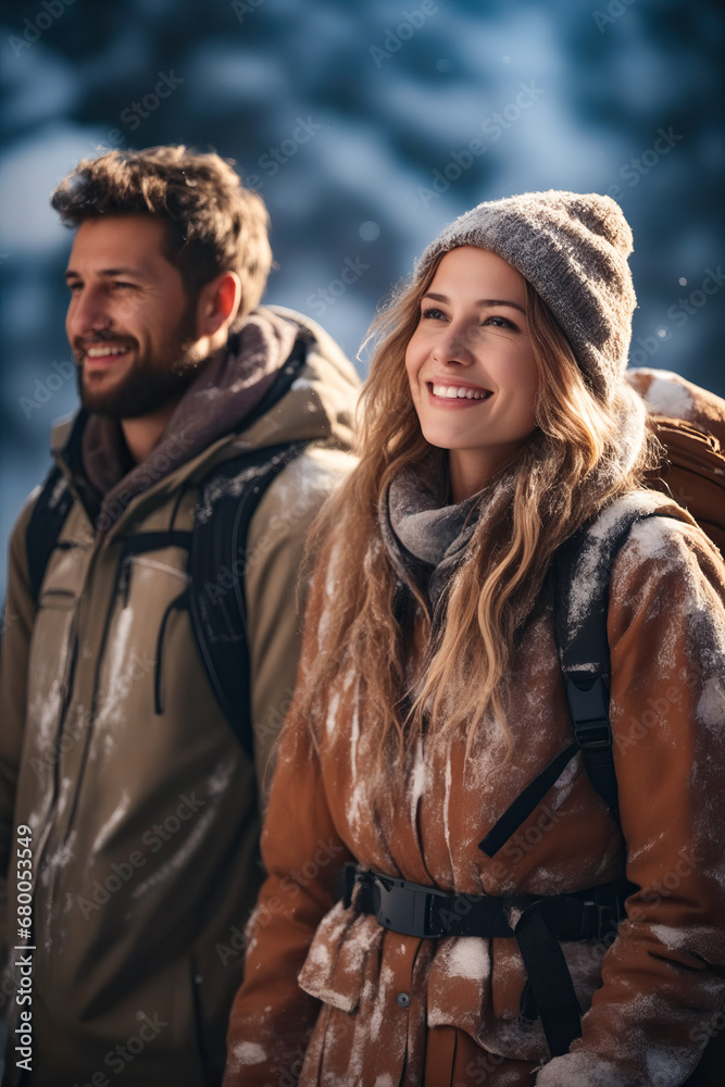 Wall mural man and woman walking in the snow with backpack.