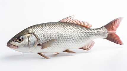  Rohu fish with a red tail fin swimming in White background, generative ai