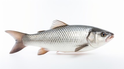  Rohu fish with a red tail fin swimming in White background, generative ai