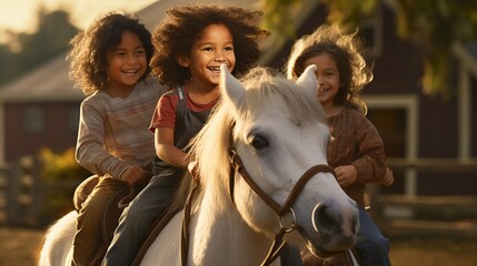 A group of children enjoys a pony ride at the farm's petting zoo. - obrazy, fototapety, plakaty