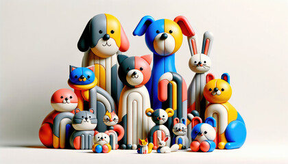 Obraz premium Set of funny toy animals in the 3D Memphis Style