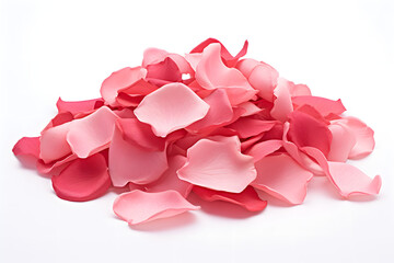 Pile of rose petals on white background

