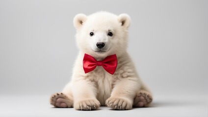 A fluffy polar bear cub with a red bow tie on a clean white background. Generative AI