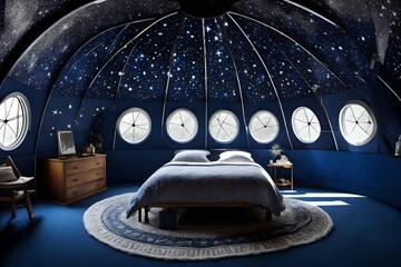 Dome-shaped roof with tiny cut-out constellations. Deep midnight blue with silver star detailing. - obrazy, fototapety, plakaty