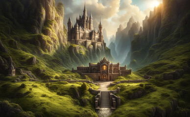 A big kingdom. Fantastic landscape. A house made of rock. AI - obrazy, fototapety, plakaty