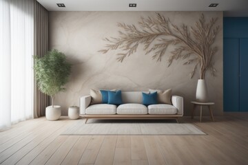  Interior background of room with stucco wall and vase with plant