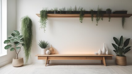 Interior design of living room with wooden shelf. Wall decor with green grass in white plant pot. White wall with copy space 
