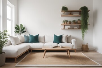 Interior design of living room with wooden shelf. Wall decor with green grass in white plant pot. White wall with copy space  - obrazy, fototapety, plakaty