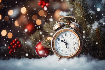 Snow-Covered Christmas Clock and Fir Branches Created with generative AI tools