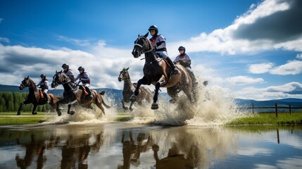 A group of riders participate in a thrilling cross-country jumping competition.