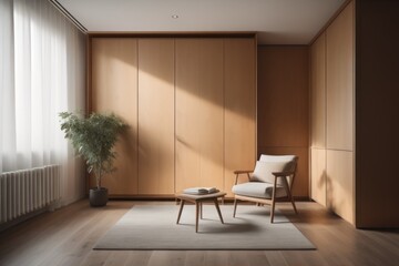 Interior with wooden cabinet and armchair