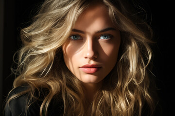 Woman with long blonde hair and blue eyes looking at the camera. - Powered by Adobe