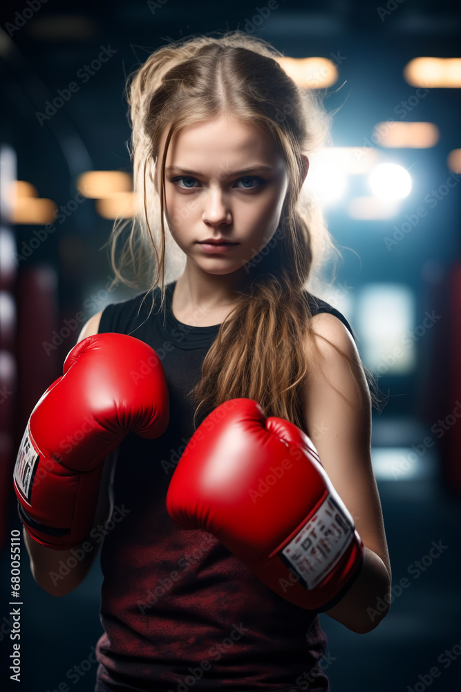 Poster young girl wearing red boxing gloves in dark room.