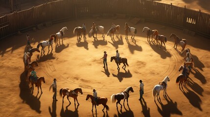 A group of trainers conducts a horse training session in the round pen.