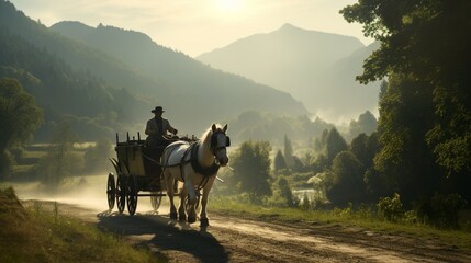 A horse-drawn carriage takes visitors on a scenic tour of the farm's stunning landscapes. - obrazy, fototapety, plakaty