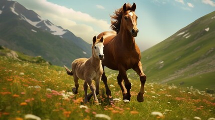 A horse and its foal enjoy a playful gallop through the lush pastures. - obrazy, fototapety, plakaty