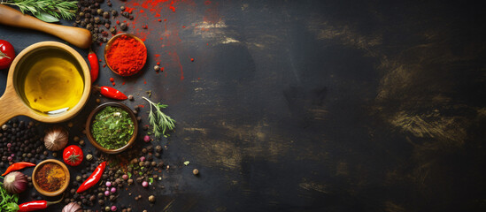 Olive oil, balsamic vinegar, mortar and pestle with various colorful spices on dark grunge background with space for text, top view. Cooking, healthy or vegetarian eating concept. Top view - obrazy, fototapety, plakaty