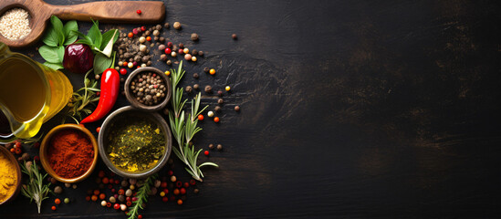 Olive oil, balsamic vinegar, mortar and pestle with various colorful spices on dark grunge background with space for text, top view. Cooking, healthy or vegetarian eating concept. Top view