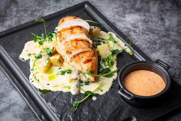 side view of chicken breast in cheese sauce with herbs on a black tray