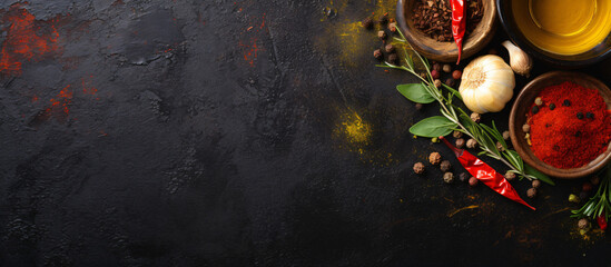 Olive oil, balsamic vinegar, mortar and pestle with various colorful spices on dark grunge...
