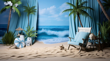 Fototapeta na wymiar Studio photo shoot with beach themed backdrop ideal