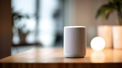 Smart speaker on a table in cozy light with warm light and nice atmosphere, showcasing technology in everyday use