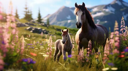 A mare and her foal graze together in a lush meadow, with wildflowers in abundance. - obrazy, fototapety, plakaty