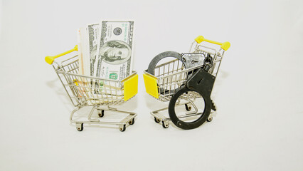 Money bills in a trolley against an office background