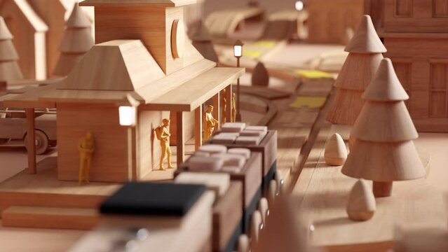 Relaxing wooden toy trains travelling in a cozy miniature town. Satisfying wooden toy train video. 3d rendering