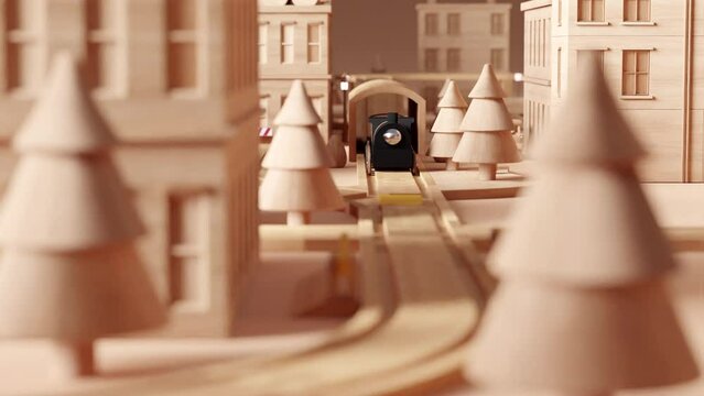 Relaxing wooden toy trains travelling in a cozy miniature town. Satisfying wooden toy train video. 3d rendering