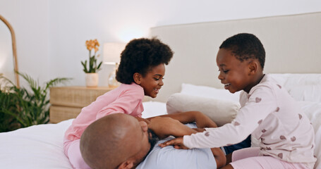 Bedroom, play and black family father, happy kids or people bonding, love and daughter tickle papa. Home wellness, happiness and African children, dad and parent smile, comfort and fun games on bed - obrazy, fototapety, plakaty