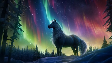 a mesmerizing spectacle where the amazing forest horse's mane shimmers with the colors of the aurora borealis. - obrazy, fototapety, plakaty