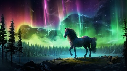 a mesmerizing spectacle where the amazing forest horse's mane shimmers with the colors of the aurora borealis.