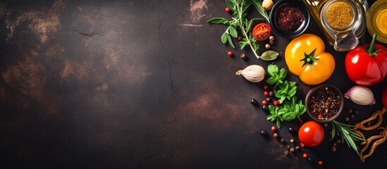 Vegetables, olive oil and spices for cooking on dark vintage background. Healthy food. Vegetarian eating. Top view. Dark rustic background layout with free text space. - obrazy, fototapety, plakaty