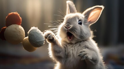 Curious rabbit playing with toys