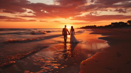 The bride and groom walked together on the beach at sunset