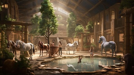 a scene of horses being groomed and pampered in the farm's spa area. - obrazy, fototapety, plakaty