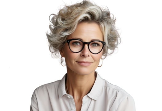 A woman with glasses, a business-like elderly woman, smiles and looks at the camera of a business lady. Honey is smiling in a white shirt.