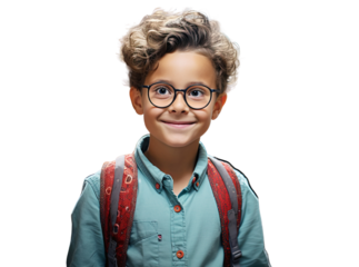 A schoolboy boy with a school bag curly six years old smiles looks at the camera, goes to school. Transparent isolated background.