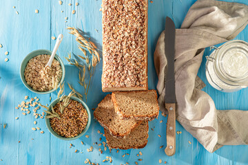 Fit bran bread with seeds and ears of grains..