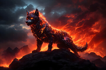  image of a fire burning wolf standing on a rock  in the background - obrazy, fototapety, plakaty