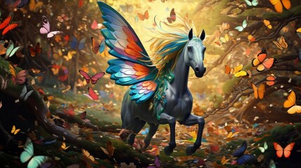 a scene where the amazing forest horse is surrounded by a kaleidoscope of  butterflies in a sun-dappled glade. - obrazy, fototapety, plakaty