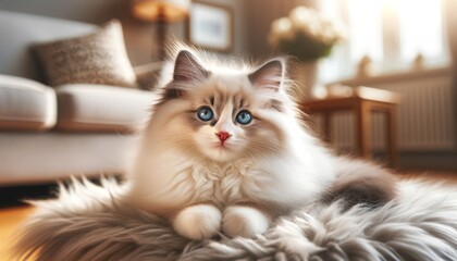 Close-up photograph of a Ragdoll kitten (Felis catus) in a home setting, featuring long, soft fur and bright blue eyes.
