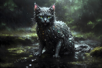 grey cat, rain forest wallpapers