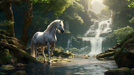 a scene where the amazing forest horse encounters a sentient waterfall, engaged in an eternal dance of fluidity and grace. - obrazy, fototapety, plakaty