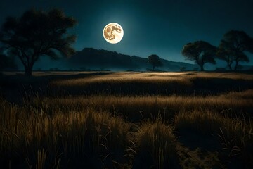 Create an AI image of a moonlit field, where tall grass sways in the breeze, and the full moon lights up the landscape