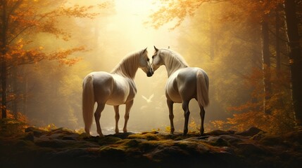 Fototapeta premium a scene where the amazing forest horse and an spirit of the forest share a moment of profound unity.